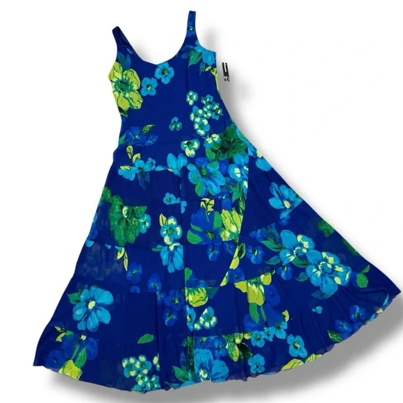 New Directions Tropical Flower Print Tiered Maxi Slip Dress Blue Green 10 - Picture 11 of 11